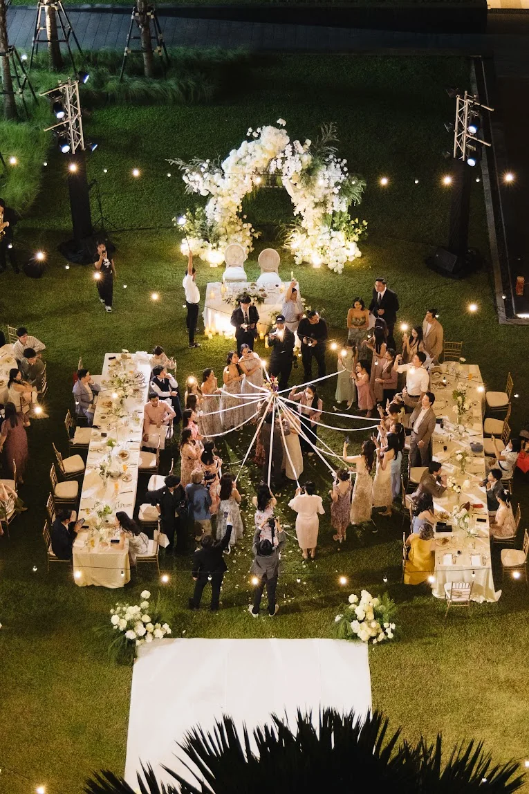 Overhead view of the outdoor ceremony lawn at the Annie & Louis celebration in Bangkok