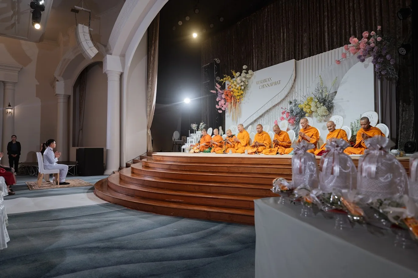 Buddhist monks during the wedding ceremony at the Koko & Raam celebration in Chonburi