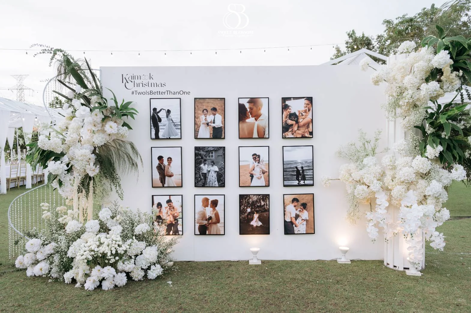 Wedding photo gallery wall with white flowers at the Mook — Christmas Wedding celebration in Lopburi