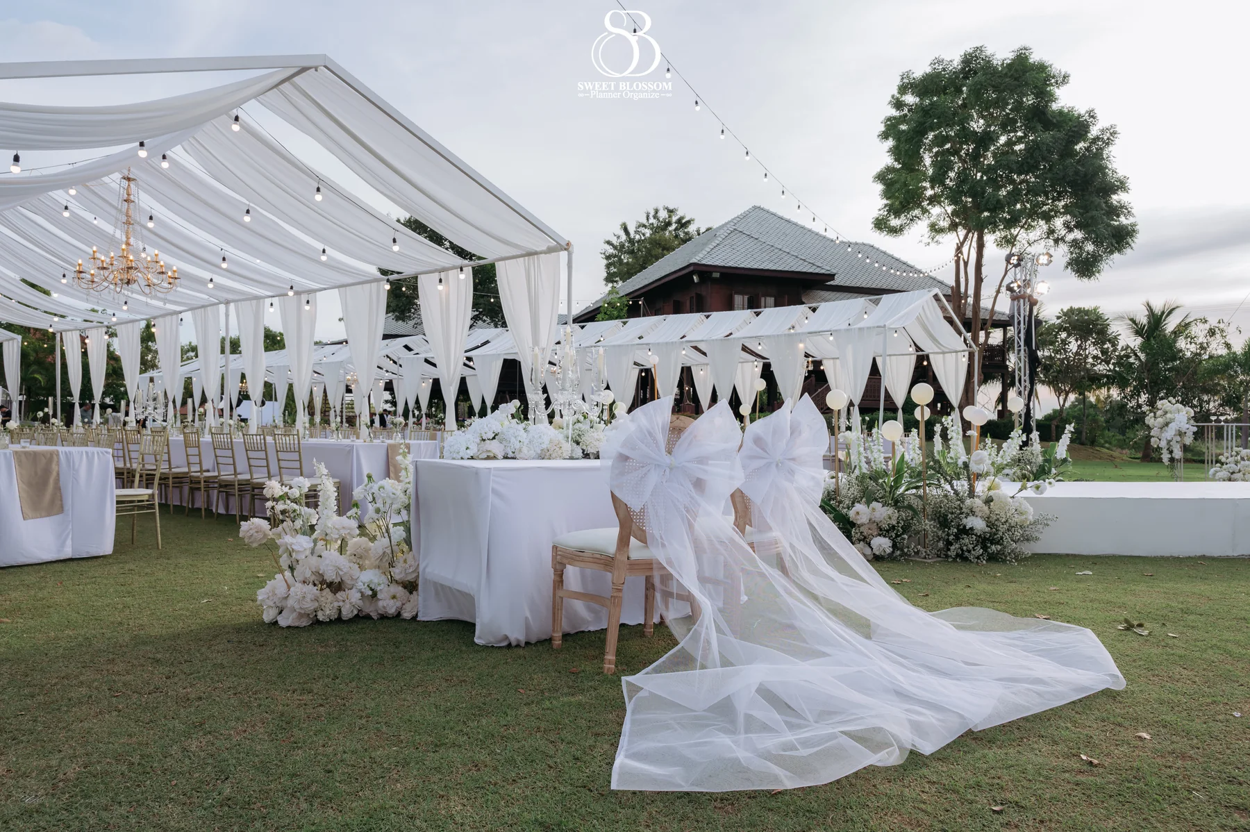 Outdoor marquee wedding on the lawn at the Mook — Christmas Wedding celebration in Lopburi