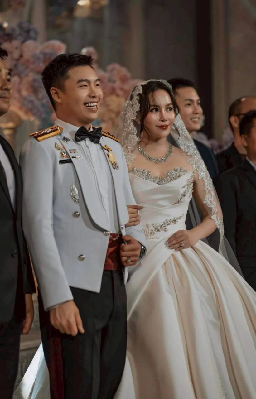 Bride and groom portrait inside the chapel at the Nan & Big celebration in Bangkok