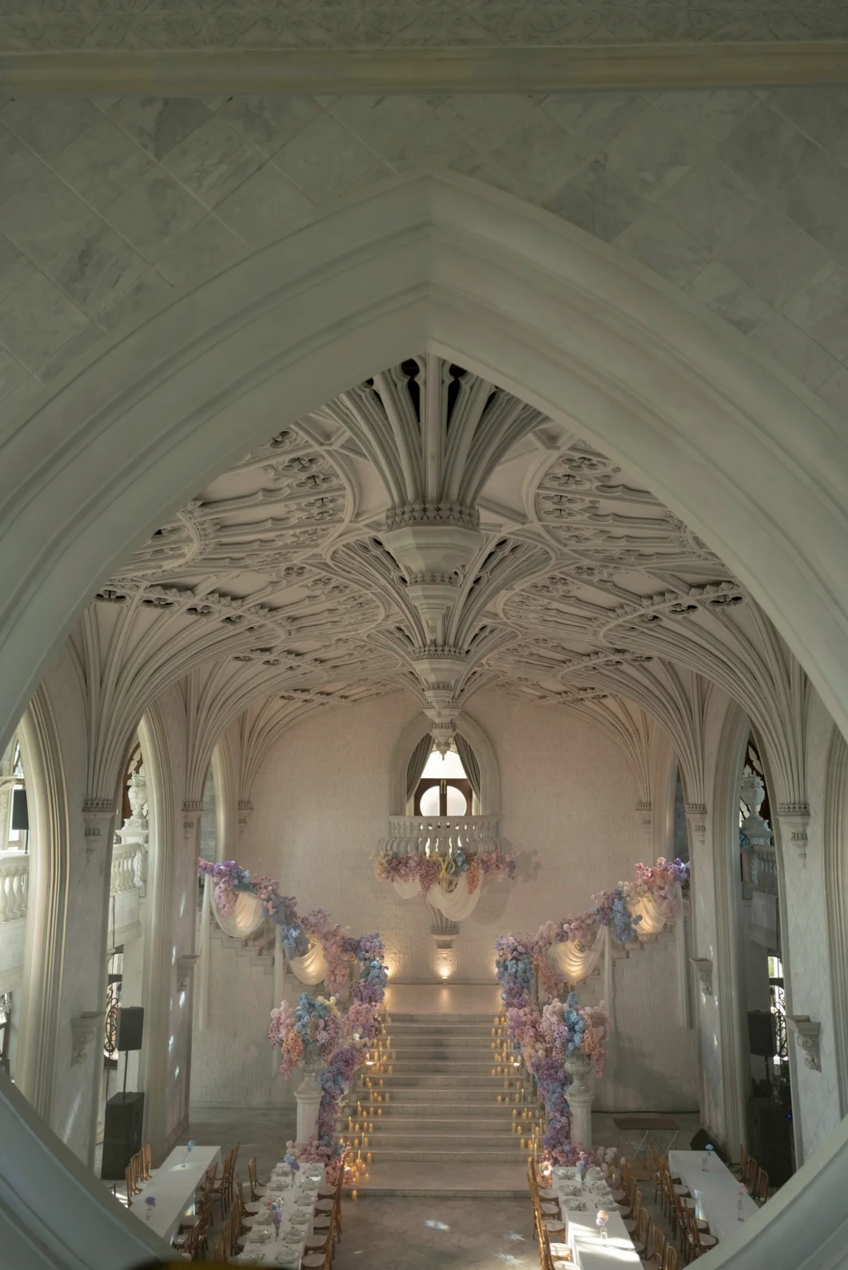 Chapel aisle prepared for the wedding ceremony at the Nan & Big celebration in Bangkok